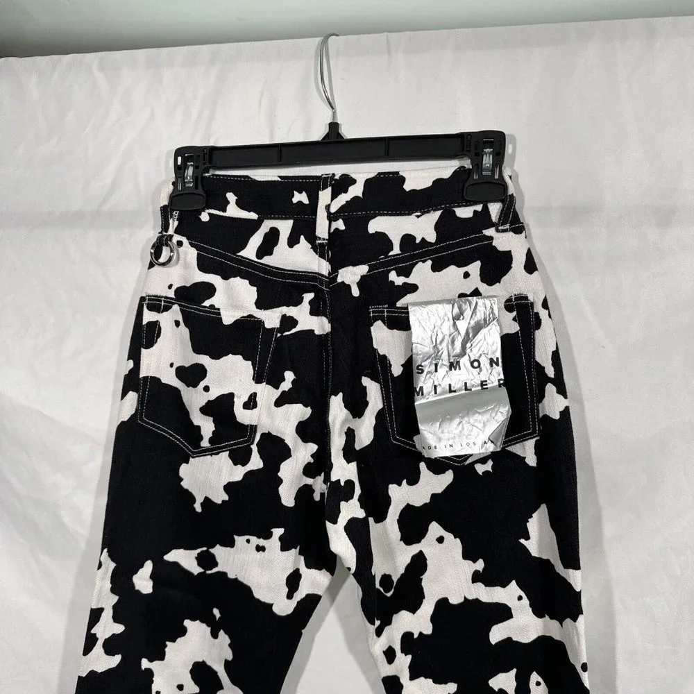 NEW $395 SIMON MILLER [ 24 ] Bell Bottom Jeans In Black White Cow‎ Print #Q375